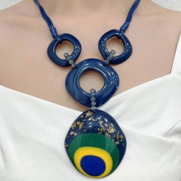 Blue Geometric pendant statement necklace - Picture 1 of 9